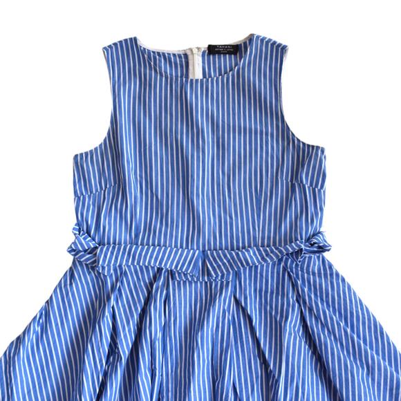Tahari Blue & White Pinstripe Handkerchief Hem Sleeveless Dress Petite Large - Picture 2 of 7